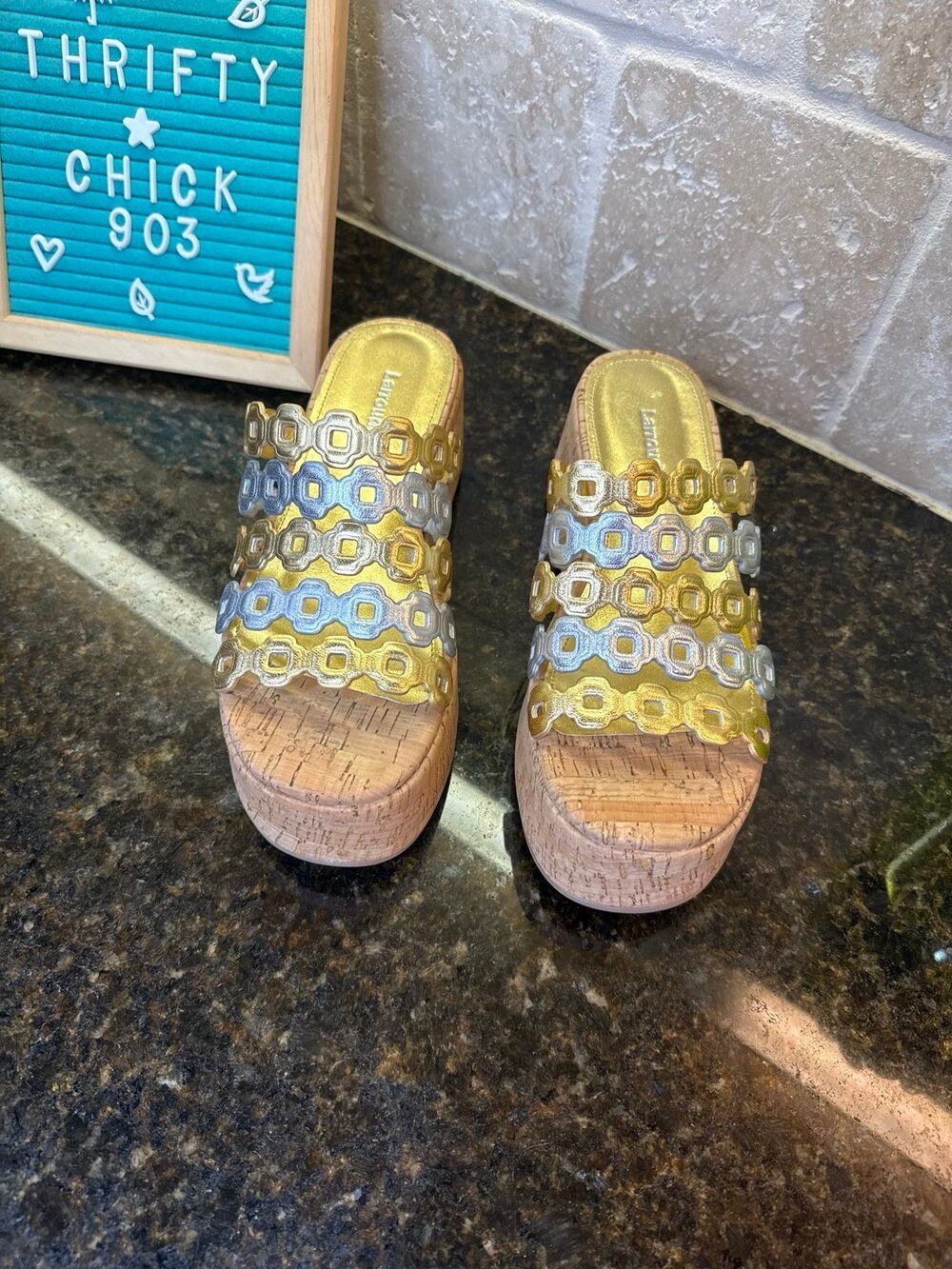 Larroude Charli Gold Silver Metallic Strap Sandals Mules 6.5 NWOT HARD TO FIND - Picture 3 of 12